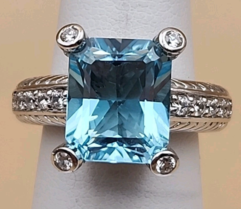 JUDITH RIPKA Aquamarine/Cubic Zirconia/Sterling Silver Ring Size 6
