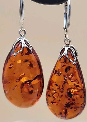 Baltic Cognac Amber/Sterling Silver 1.75" Drop/Dangle Earrings