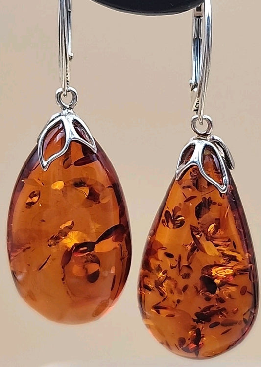 Baltic Cognac Amber/Sterling Silver 1.75" Drop/Dangle Earrings