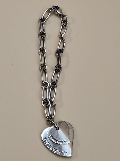 TIFFANY AND CO. 925 Silver Dbl. Dangle Heart 8" Open Link Charm Bracelet
