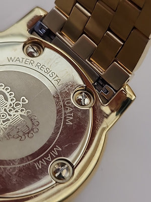 GLAM ROCK Miami Quartz Gold Tone/Crystal Indices/Glowing Hands Watch NEW BATTERY