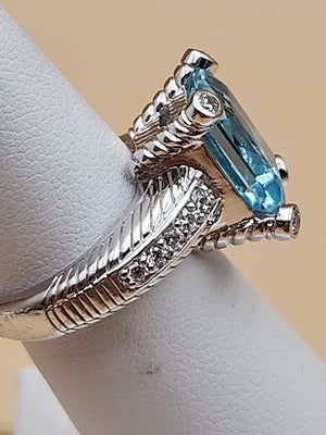 JUDITH RIPKA Aquamarine/Cubic Zirconia/Sterling Silver Ring Size 6