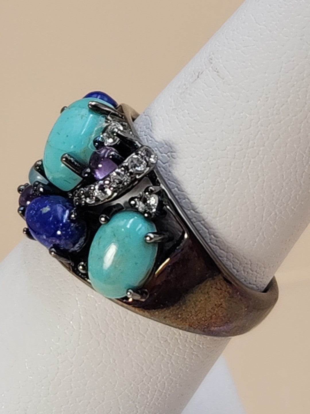 ROSS SIMONS Turquoise/Lapis/Amethyst/Black Rhodium Over Sterling Ring Size 7.25
