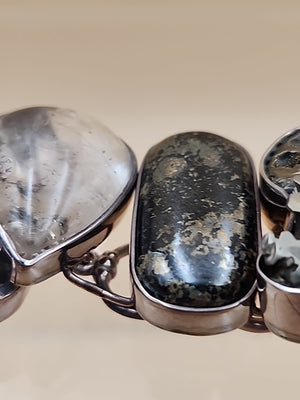 Pyritized Ammonite Shell/Pyrite/Quartz/Smoky Quartz/Sterling Adjustable Bracelet
