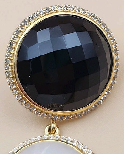 ROSS SIMONS 18k Over Sterling White Agate/ Black Onyx/White Topaz Drop Earrings