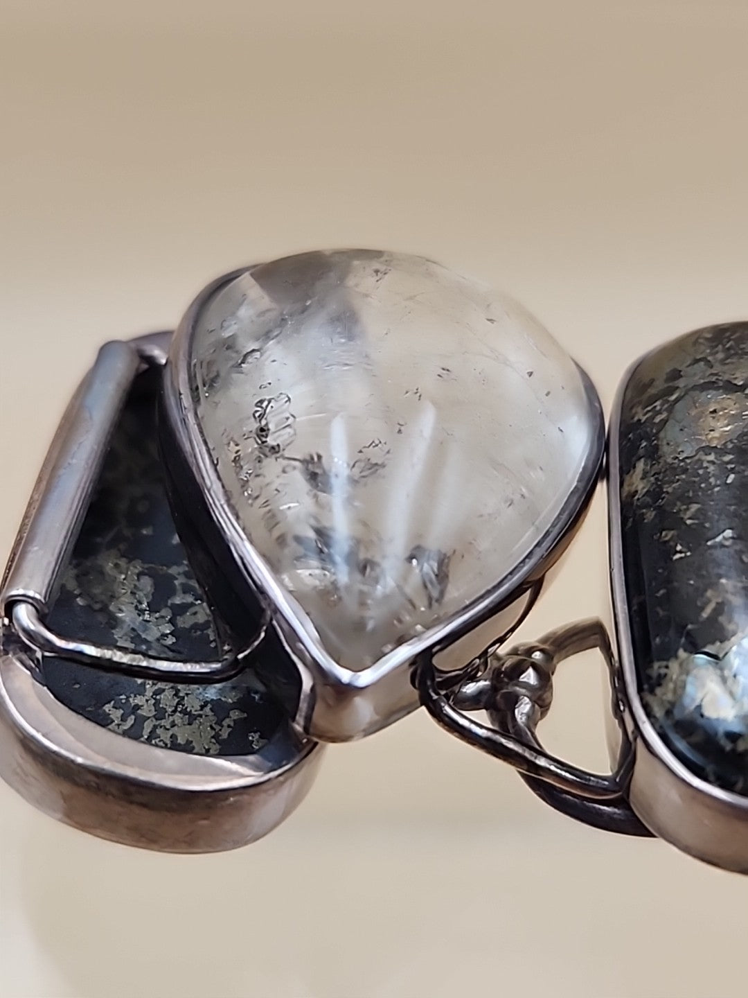 Pyritized Ammonite Shell/Pyrite/Quartz/Smoky Quartz/Sterling Adjustable Bracelet