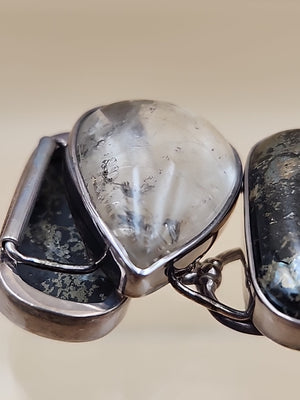 Pyritized Ammonite Shell/Pyrite/Quartz/Smoky Quartz/Sterling Adjustable Bracelet