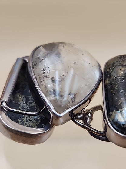 Pyritized Ammonite Shell/Pyrite/Quartz/Smoky Quartz/Sterling Adjustable Bracelet