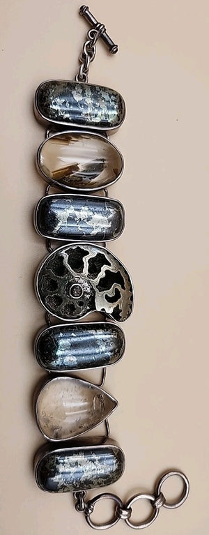 Pyritized Ammonite Shell/Pyrite/Quartz/Smoky Quartz/Sterling Adjustable Bracelet