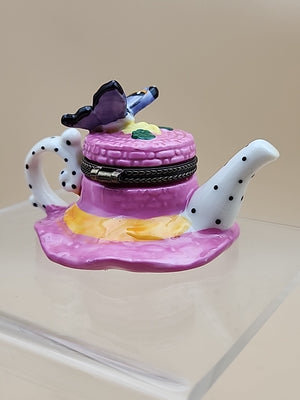 Limoges Hand Painted Teapot Sunhat With Butterfly/Flowers Porcelain Trinket Box