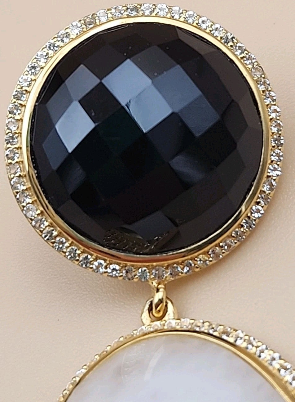 ROSS SIMONS 18k Over Sterling White Agate/ Black Onyx/White Topaz Drop Earrings