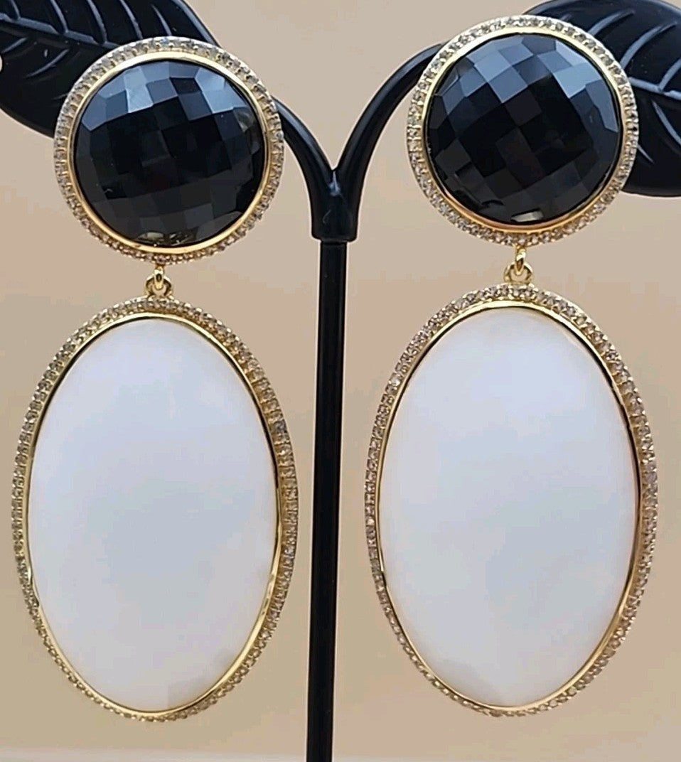 ROSS SIMONS 18k Over Sterling White Agate/ Black Onyx/White Topaz Drop Earrings