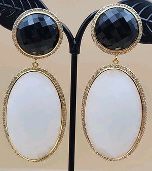 ROSS SIMONS 18k Over Sterling White Agate/ Black Onyx/White Topaz Drop Earrings