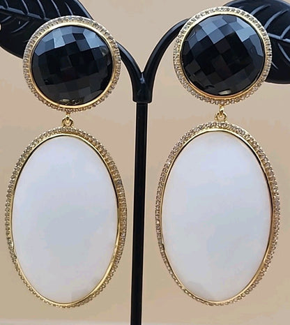 ROSS SIMONS 18k Over Sterling White Agate/ Black Onyx/White Topaz Drop Earrings