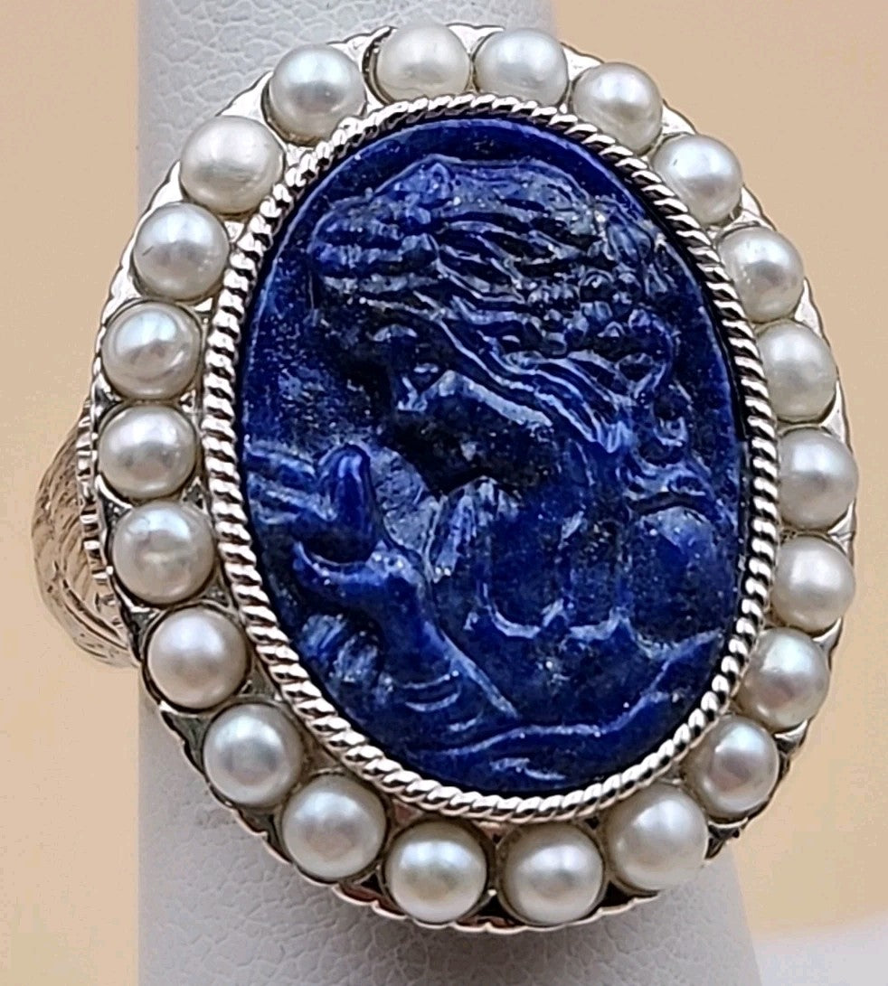 LYDIA Lapis Lazuli/Pearl/Sterling Silver Hand Carved Cameo Ring Size 7