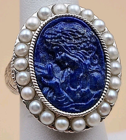 LYDIA Lapis Lazuli/Pearl/Sterling Silver Hand Carved Cameo Ring Size 7