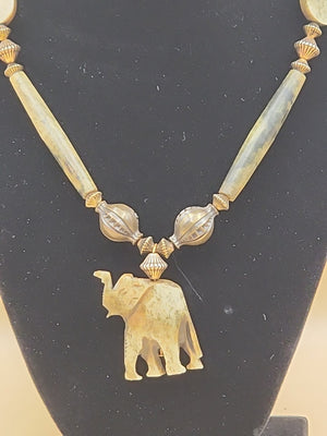 Polished Carved Green Agate Stone/African Elephant  30" Gold Tone Necklace
