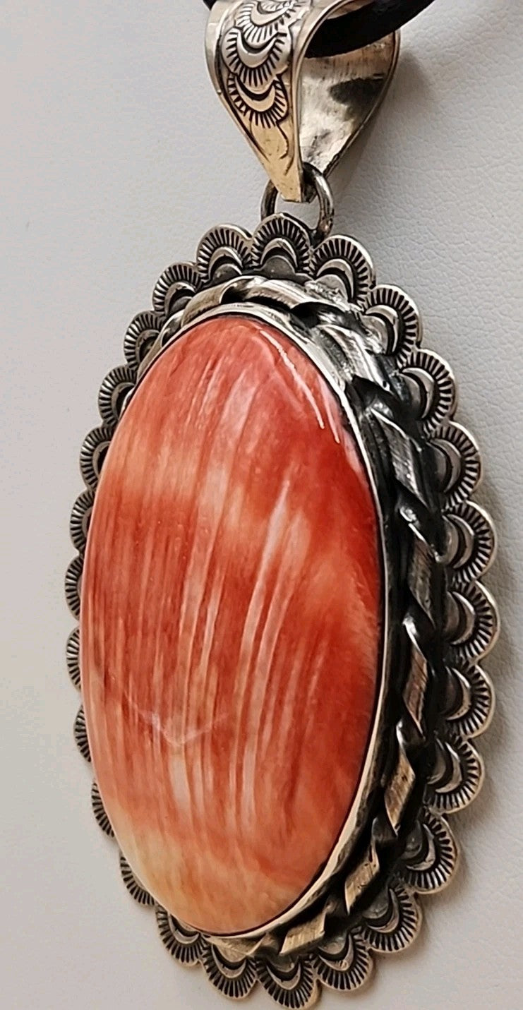 GILBERT PLATERO Navajo Orange Spiny Oyster/Sterling Silver SignedVintage Pendant