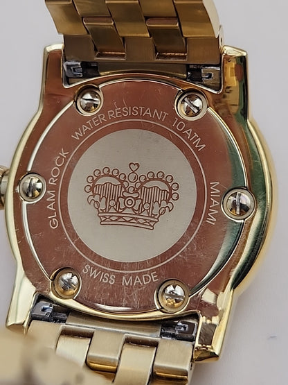 GLAM ROCK Miami Quartz Gold Tone/Crystal Indices/Glowing Hands Watch NEW BATTERY