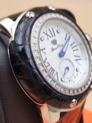 GLAM ROCK Black Alligator Leather/Diamond Bezel/Miami #GR10021 NEW BATTERY