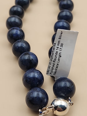 Blue Dumortierite Polished 14mm Bead/Sterling Silver Clasp 17" Necklace