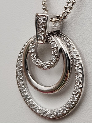Sterling Silver Dbl. Beaded Chain/ Triple Circle Crystal Pendant & Earrings Set
