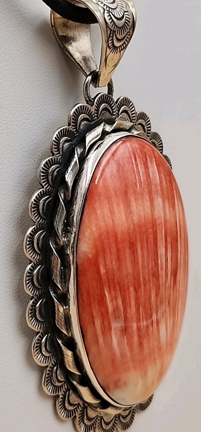 GILBERT PLATERO Navajo Orange Spiny Oyster/Sterling Silver SignedVintage Pendant