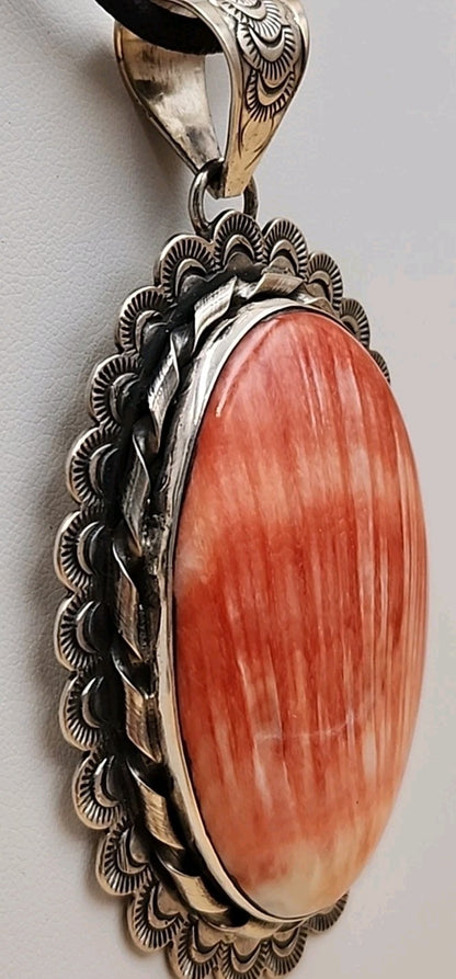 GILBERT PLATERO Navajo Orange Spiny Oyster/Sterling Silver SignedVintage Pendant