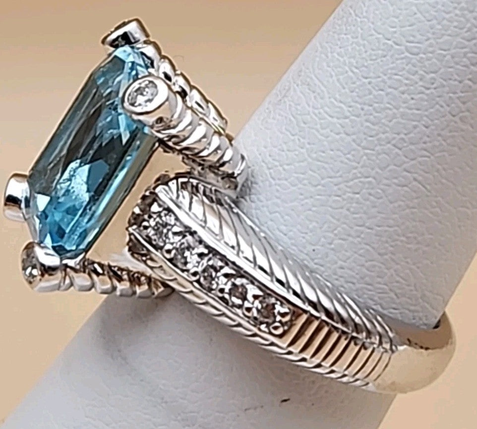 JUDITH RIPKA Aquamarine/Cubic Zirconia/Sterling Silver Ring Size 6
