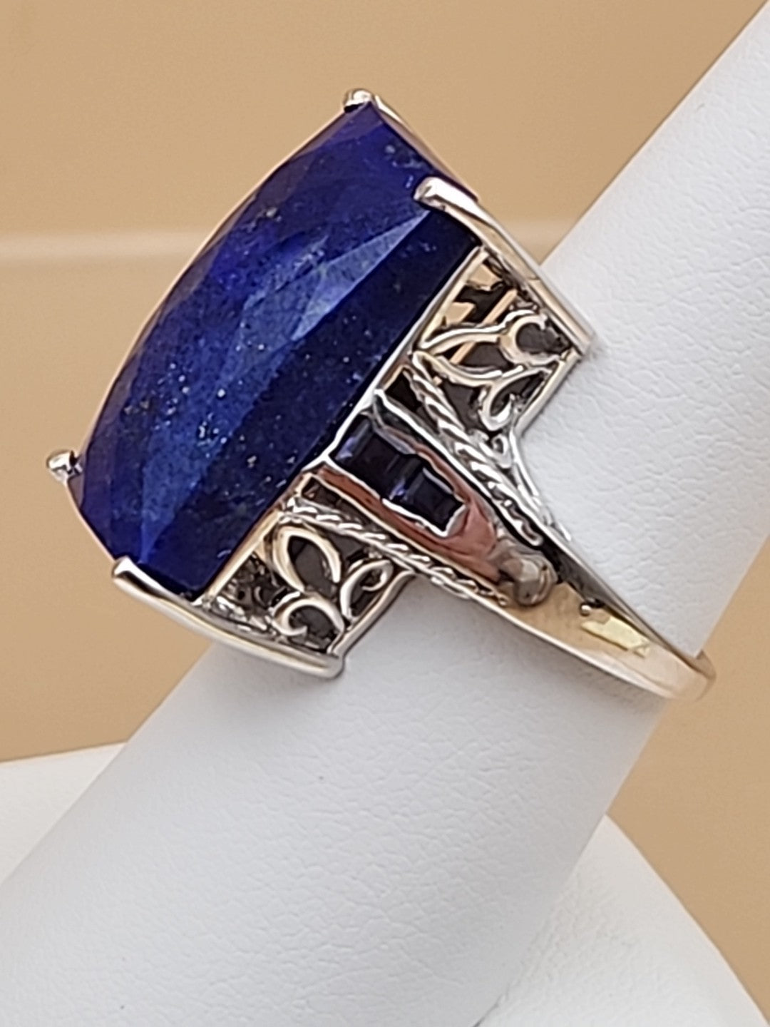 Faceted Lapis Lazuli/Sterling Silver Filagree Ring Size 7