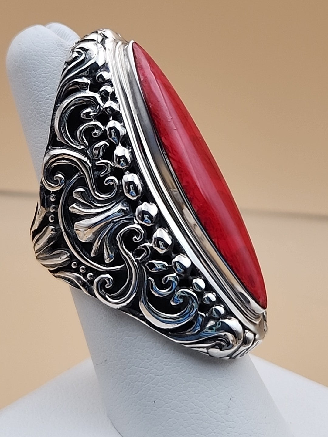 SAMUEL B. Red Jasper  Sterling Silver Filigree Ring Size 7