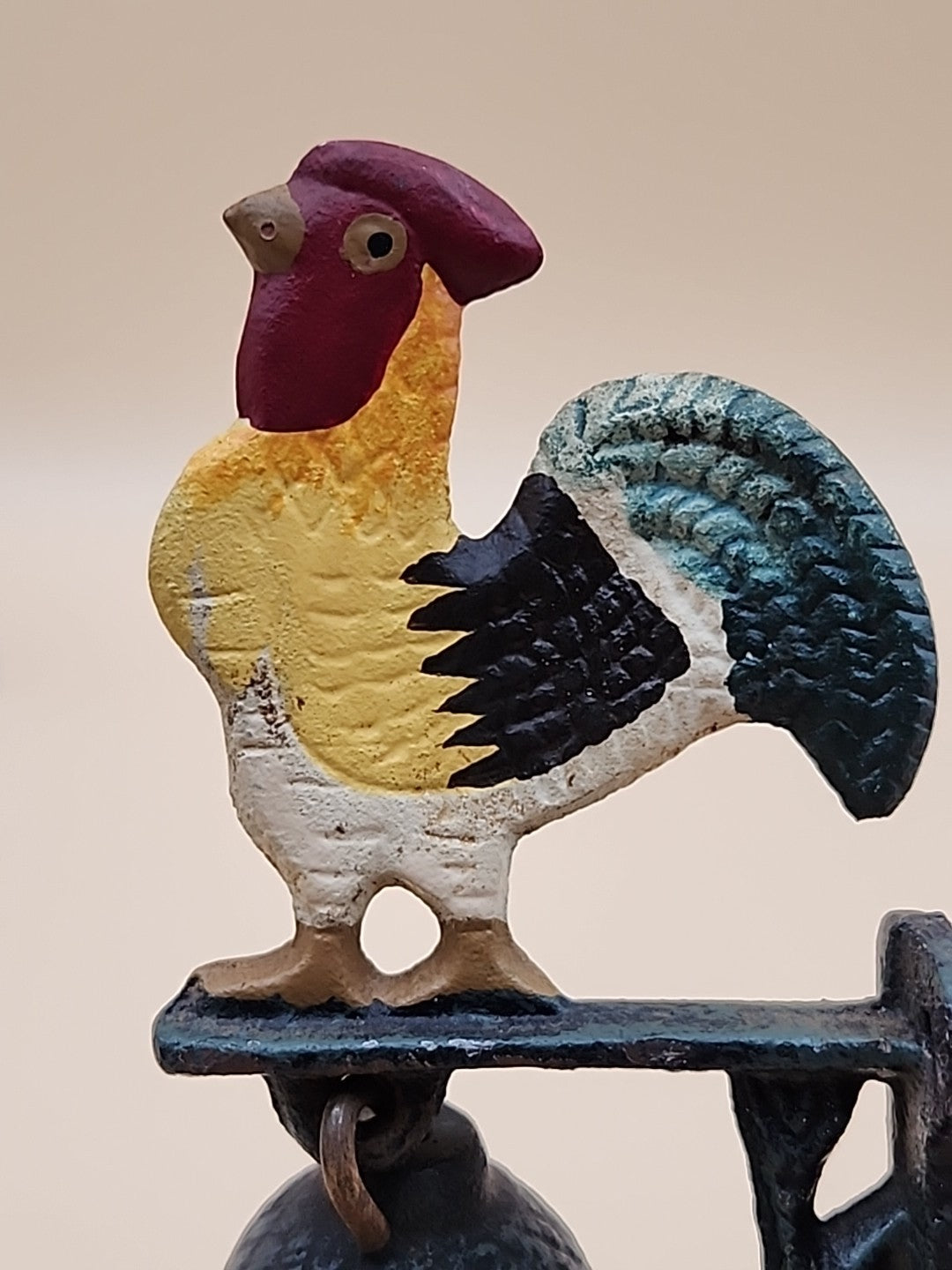 Vintage Cast Iron Painted Rooster Dinner Bell 6.5” Tall Door Bell