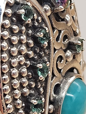 BERIA Turkish Turquoise/Mystic Topaz/Green Onyx/Sterling Silver Filagree Pendant