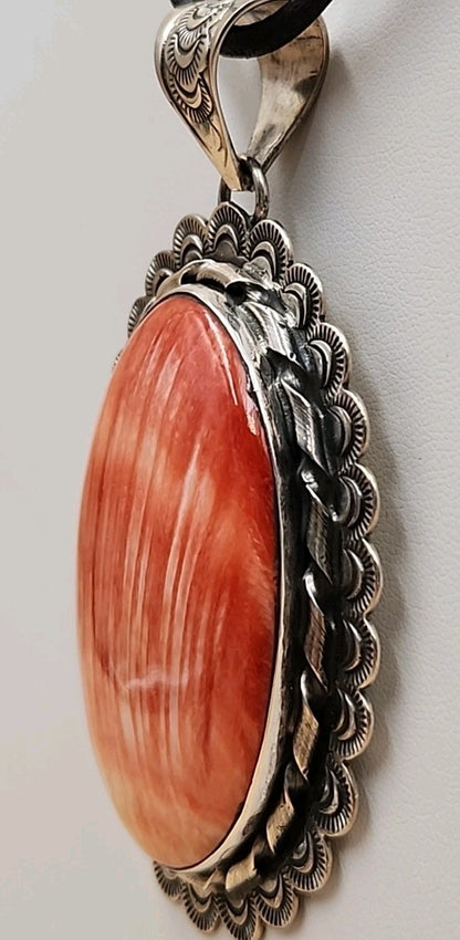 GILBERT PLATERO Navajo Orange Spiny Oyster/Sterling Silver SignedVintage Pendant