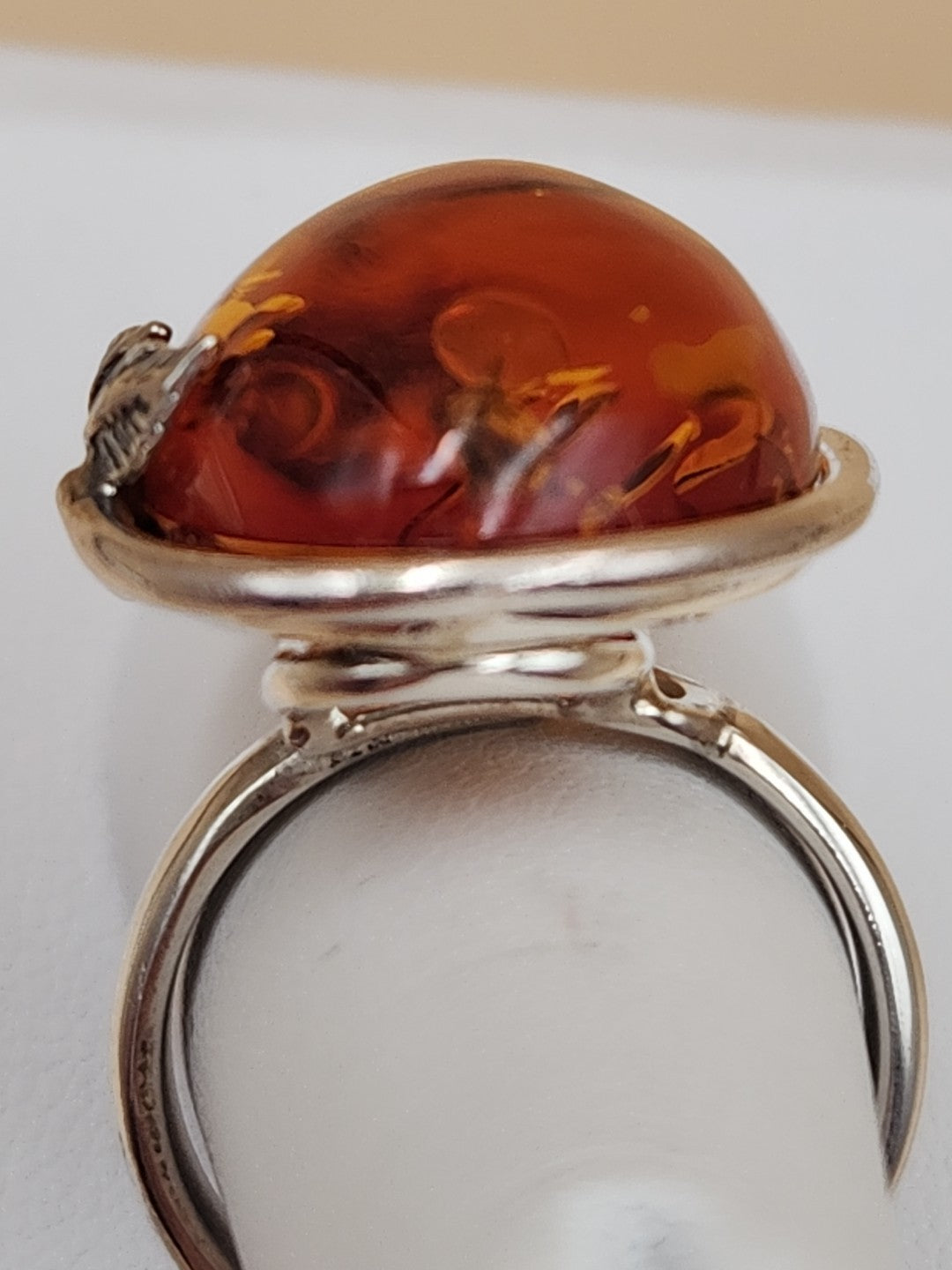 Cognac Baltic Amber/Sterling Silver Leaf Adjustable Ring Size 7.5