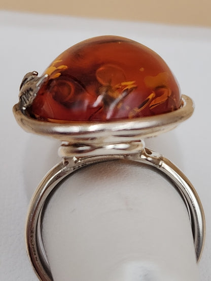 Cognac Baltic Amber/Sterling Silver Leaf Adjustable Ring Size 7.5