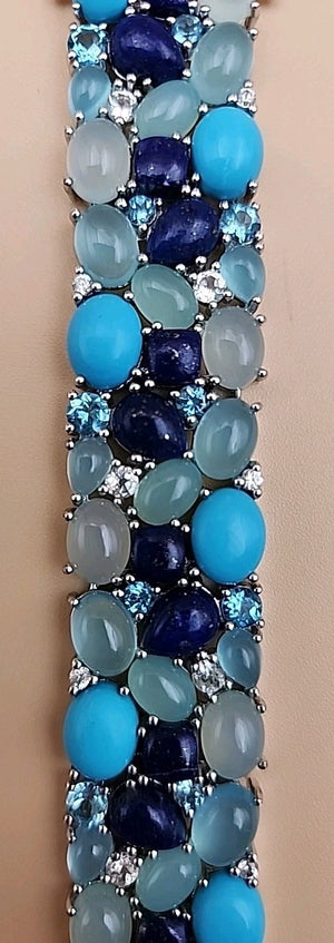 KHR JEWELS Stabilized Turquoise/Lapis/Chalcedony/Blue/White Topaz 7.5"Bracelet