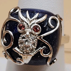 Lapis Lazuli/Sterling Silver/Clear Crystal/Red Garnet Owl Design Ring Size 7.75