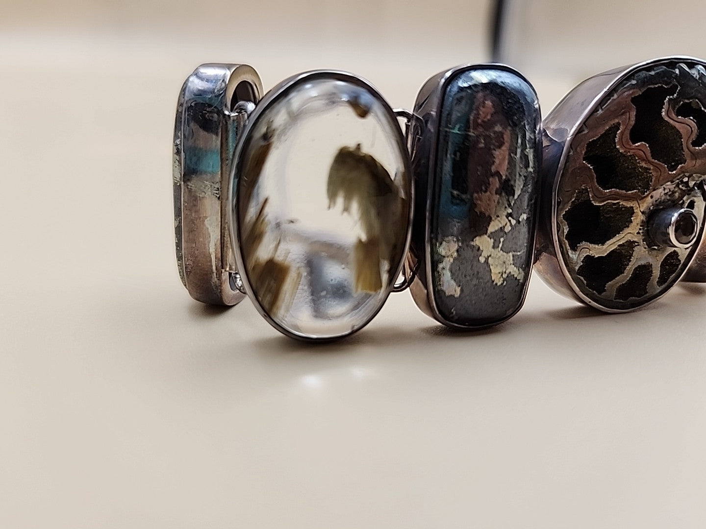 Pyritized Ammonite Shell/Pyrite/Quartz/Smoky Quartz/Sterling Adjustable Bracelet