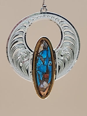 Chrysocolla Shattuckite/ Engraved Sterling Silver Hoop Style Dangle Earrings