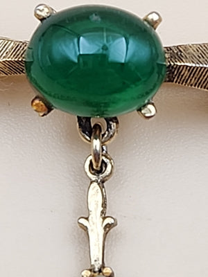 1950's-60's Victorian Revival Jadeite Cabochon/Gold Tone Cameo Dangle Brooch