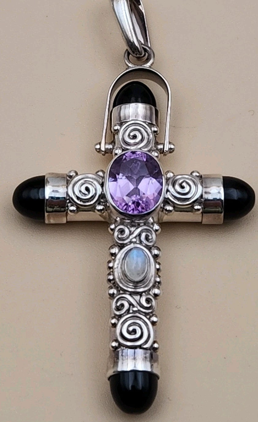 SAJEN Sterling Silver/Amethyst/Moonstone/Black Onyx Swirl Cross Pendant
