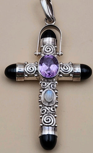 SAJEN Sterling Silver/Amethyst/Moonstone/Black Onyx Swirl Cross Pendant