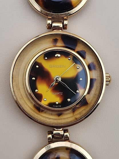 GRUEN  Vintage Tortoise Shell Design/Gold Tone/Crystal Watch/Necklace/EarringSet