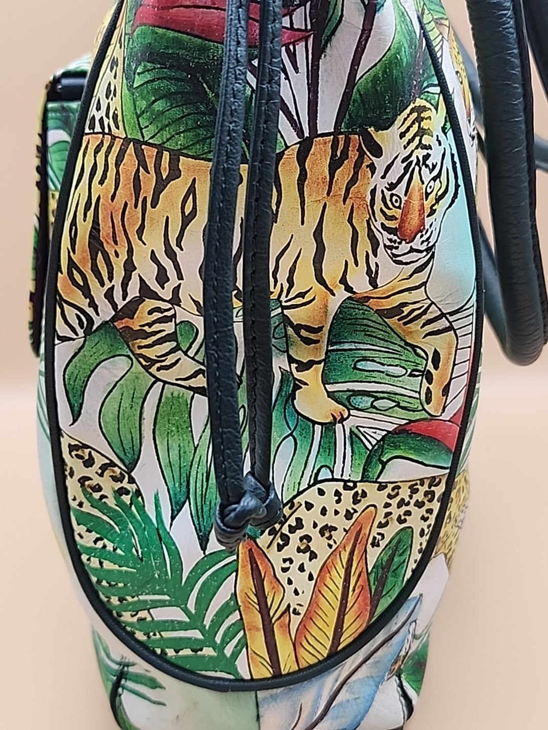 Sharif Hand Painted Jungle Tiger  Leather Hand Bag With  Detachable Crossbody