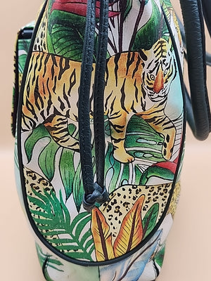 Sharif Hand Painted Jungle Tiger  Leather Hand Bag With  Detachable Crossbody