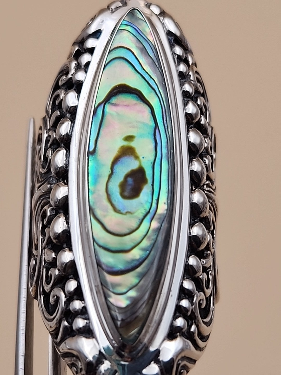 SAMUEL B. Abalone Shell  Sterling Silver Filigree Ring Size 8.25