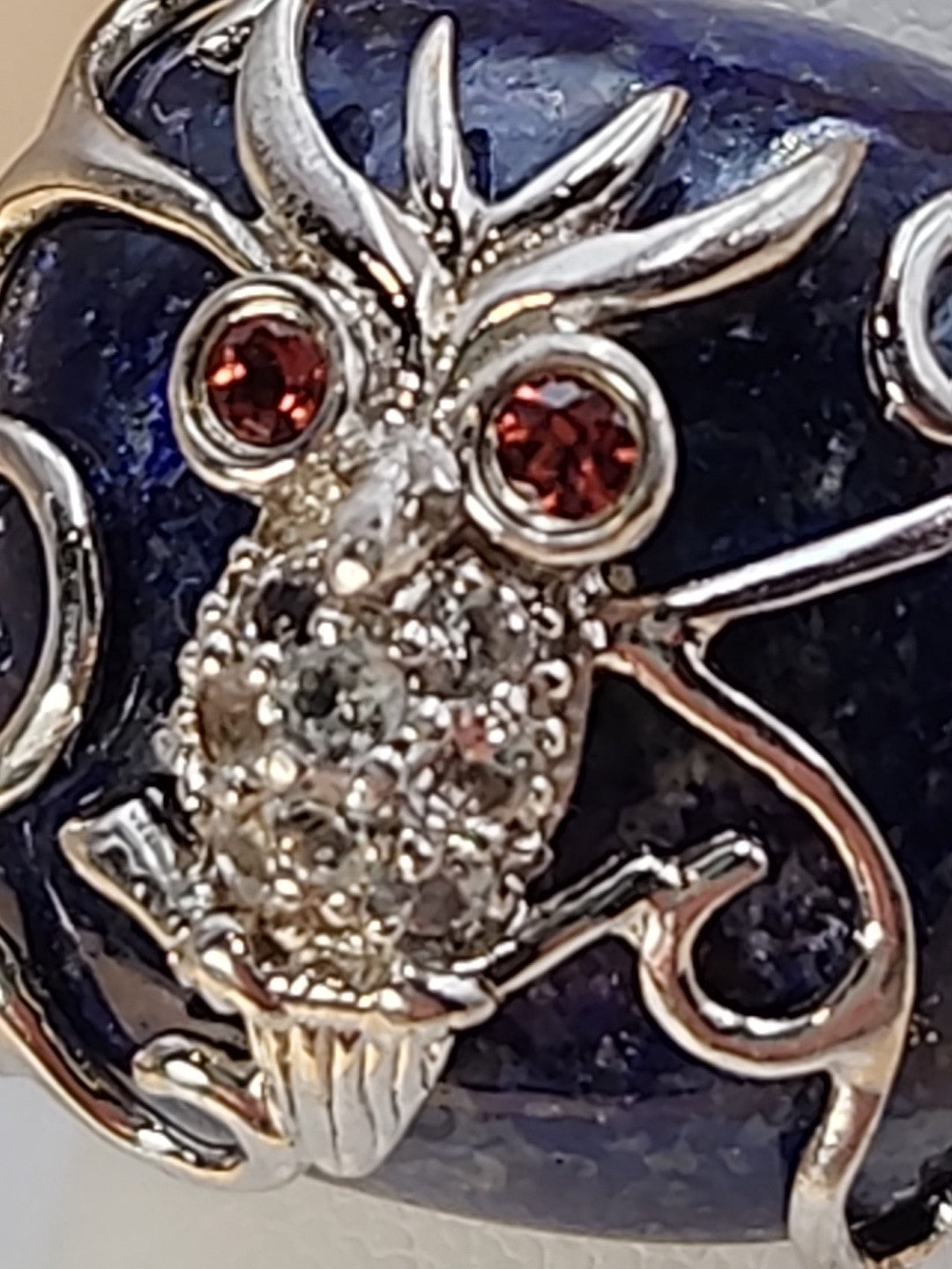 Lapis Lazuli/Sterling Silver/Clear Crystal/Red Garnet Owl Design Ring Size 7.75