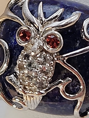 Lapis Lazuli/Sterling Silver/Clear Crystal/Red Garnet Owl Design Ring Size 7.75