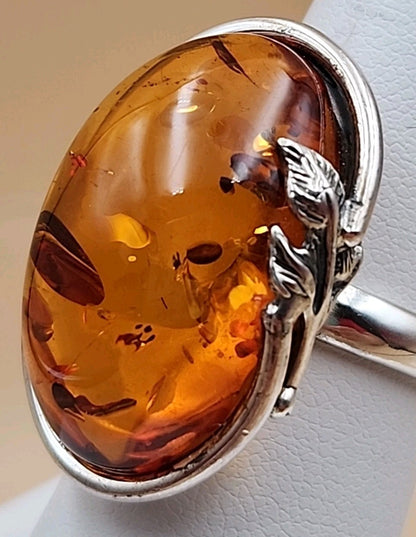 Cognac Baltic Amber/Sterling Silver Leaf Adjustable Ring Size 7.5
